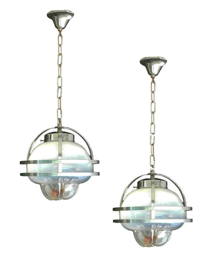 Pair of Murano Mazzega Pendant Lights Midcentury Chrome Glass
