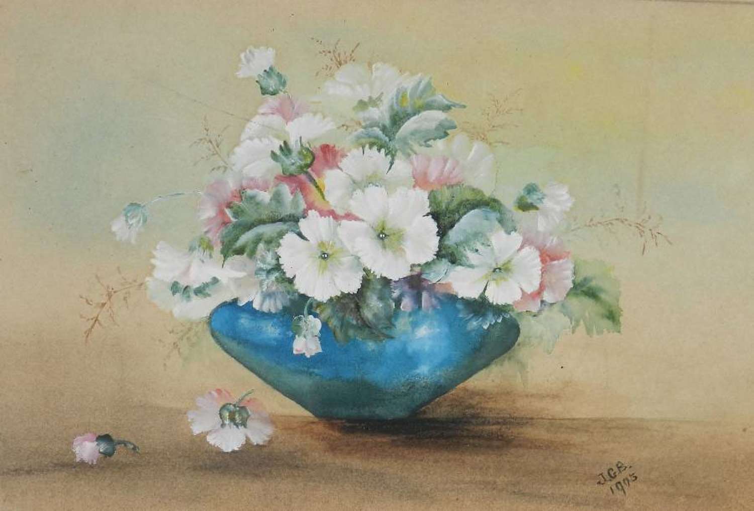 Flowers In A Bowl Watercolour English Signed Artists Initials 1905