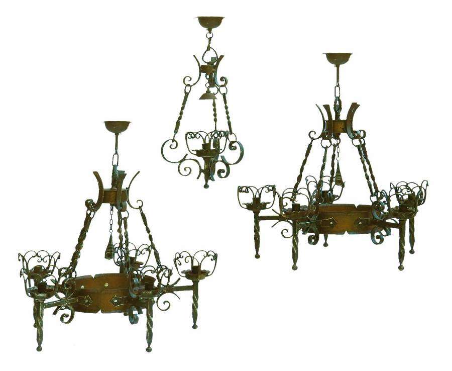Three Wrought Iron And Copper Chandeliers Graduated French Basque