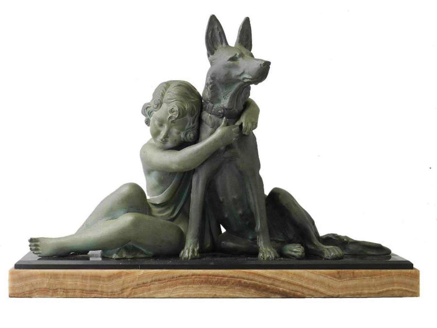 Art Deco Sculpture Girl With German Shepherd Dog Armand Godard