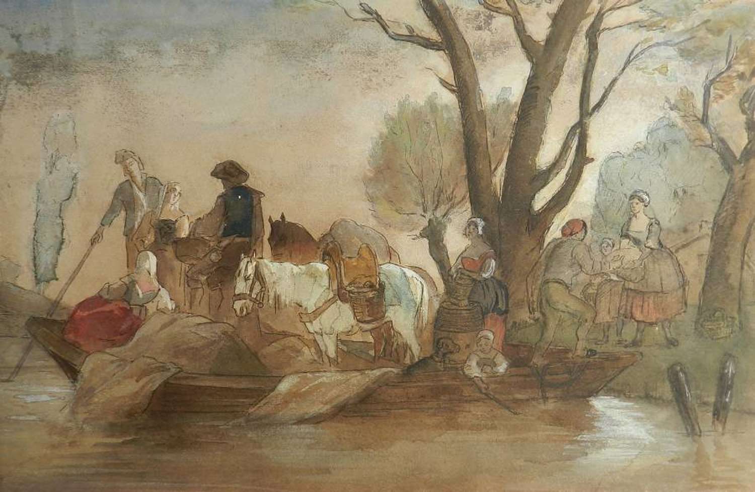 French 19th Century Watercolor Villagers At Waters Edge Atrb Jules Her