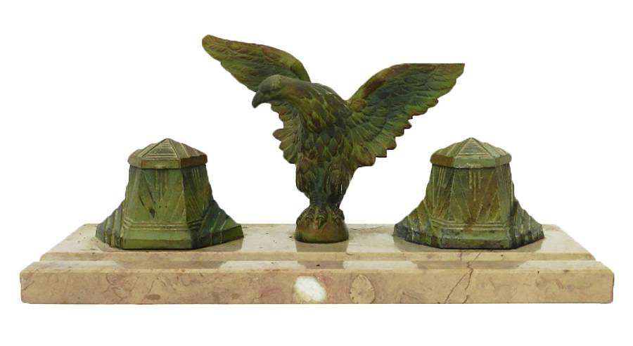 Art Deco Inkwell Eagle on Marble French Inkstand c1930