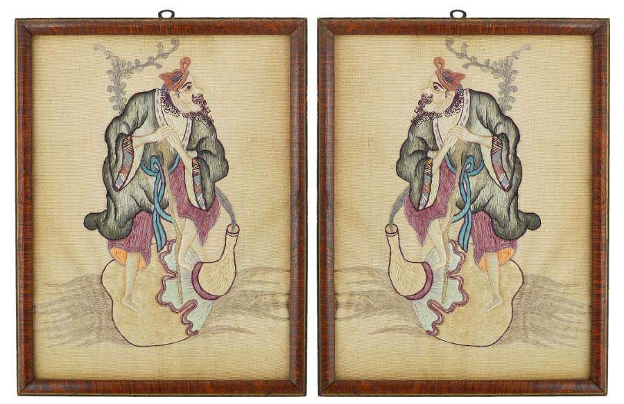 Pair of Embroidered Chinoiserie Picture Panels of a Gentleman c1920