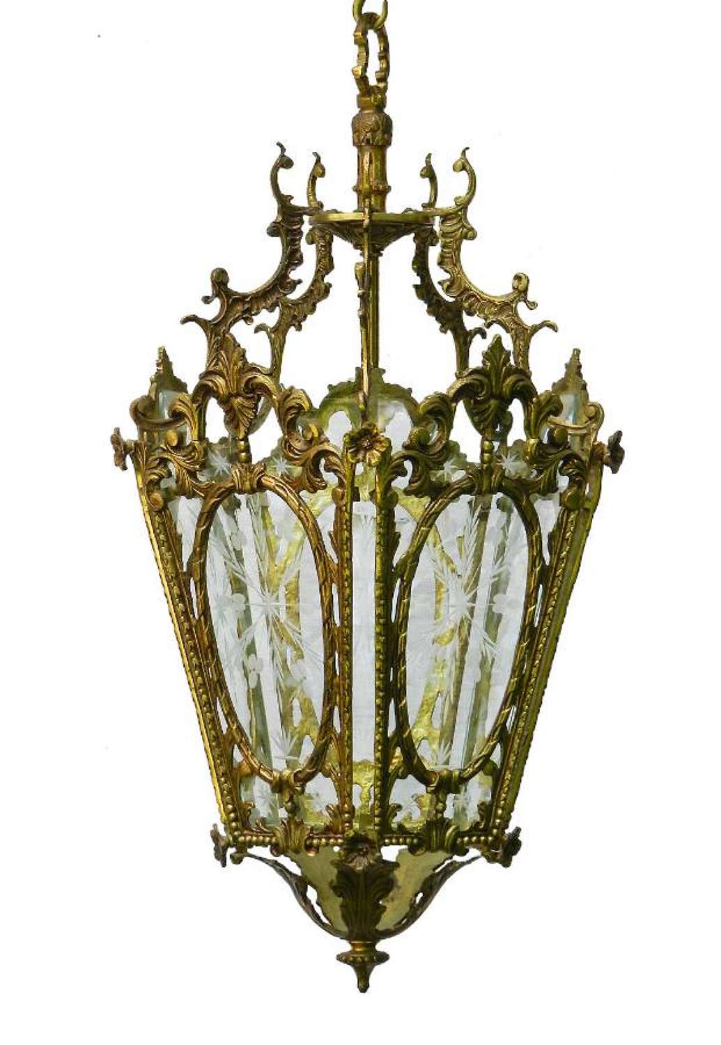 French Brass and Etched Glass Lantern