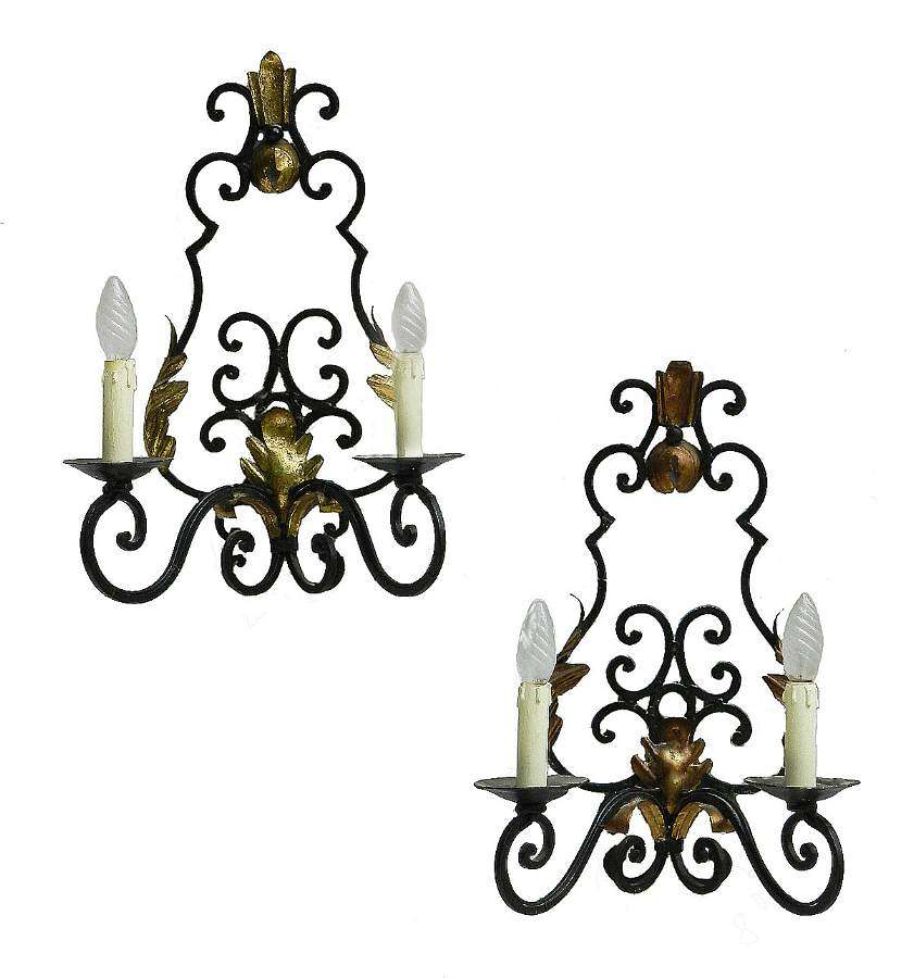 Pair Art Deco Sconces French Wall Lights Wrought Iron Appliques c1930