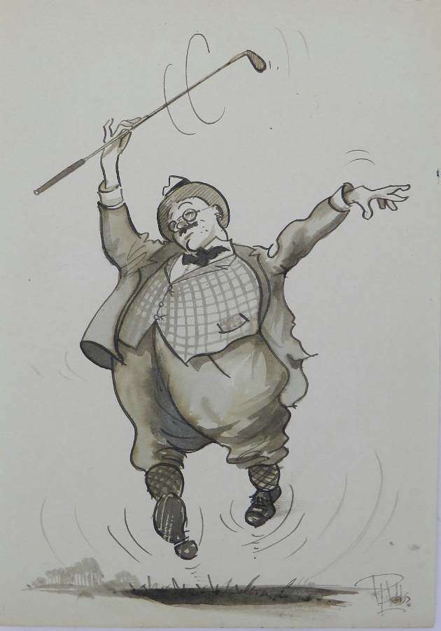 Caricature of a Happy Golfer by Peter Hobbs Golf Original Painting c1950