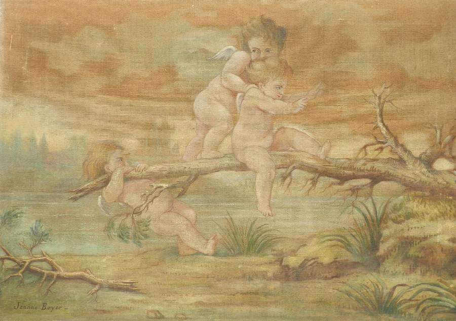 19th century Painting on Fabric Putti Cherubs by Jeanne Jacquemin Boyer