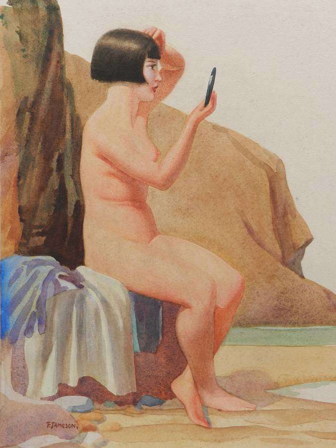 Watercolour painting by Frank Jameson Art Deco Nude St Ives School Cor
