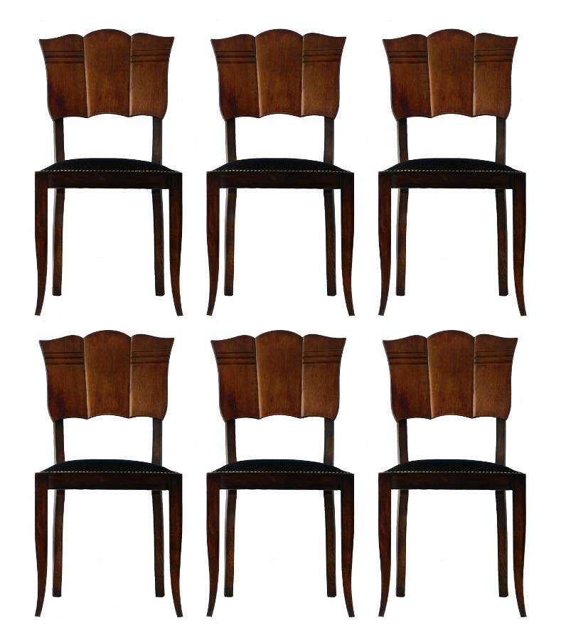 Six Art Deco Dining Chairs French Upholstered Walnut 
