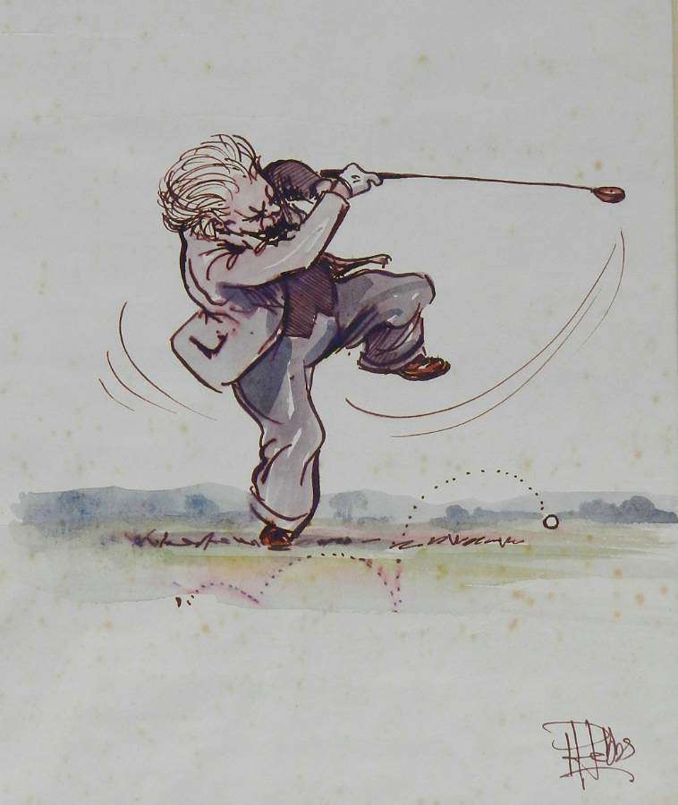 Original Painting Caricature of a Golfer by Peter Hobbs Golf Elderly Gentleman