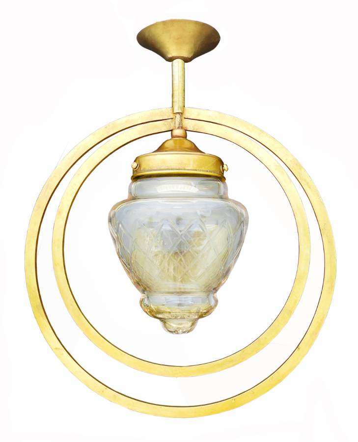 Art Deco Pendant Light Etched Glass Double Hoop, circa 1930