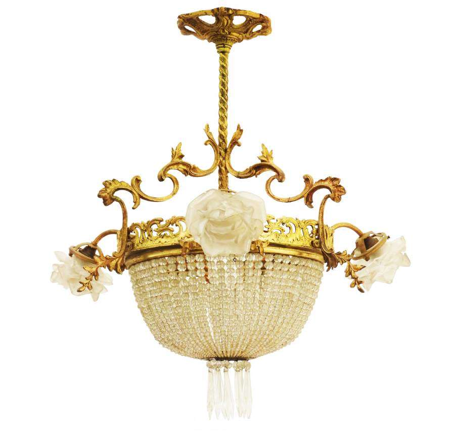 Belle Epoque Chandelier French Crystal Gilt Bronze Rose Shades Late 19th Century