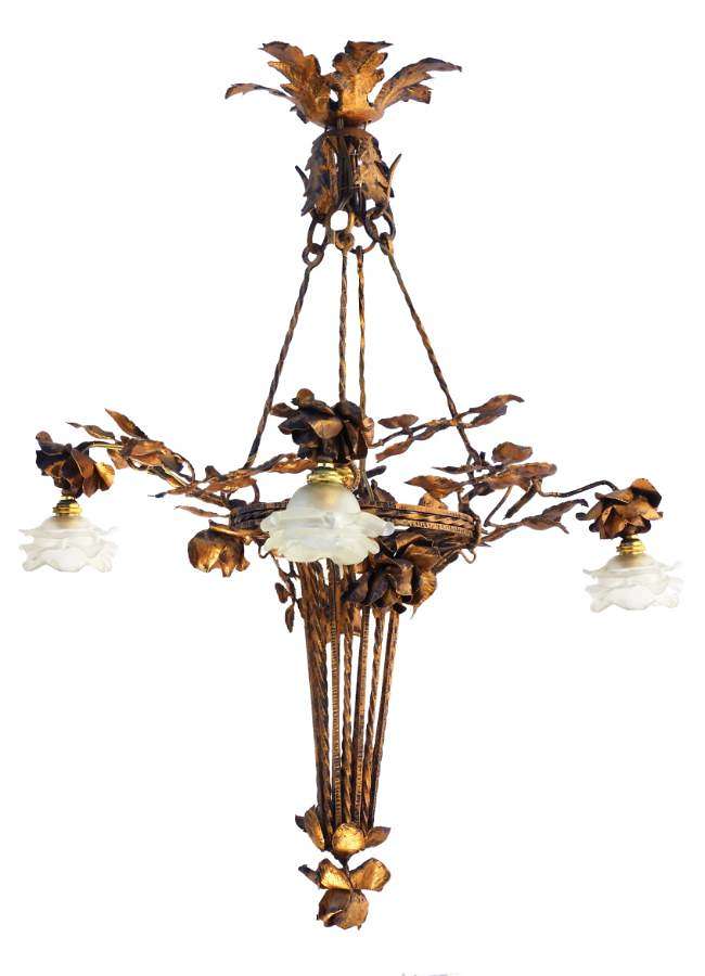 Arts and Crafts Chandelier Gilded Iron Tole Floral Bouquet Frosted Glass Shades