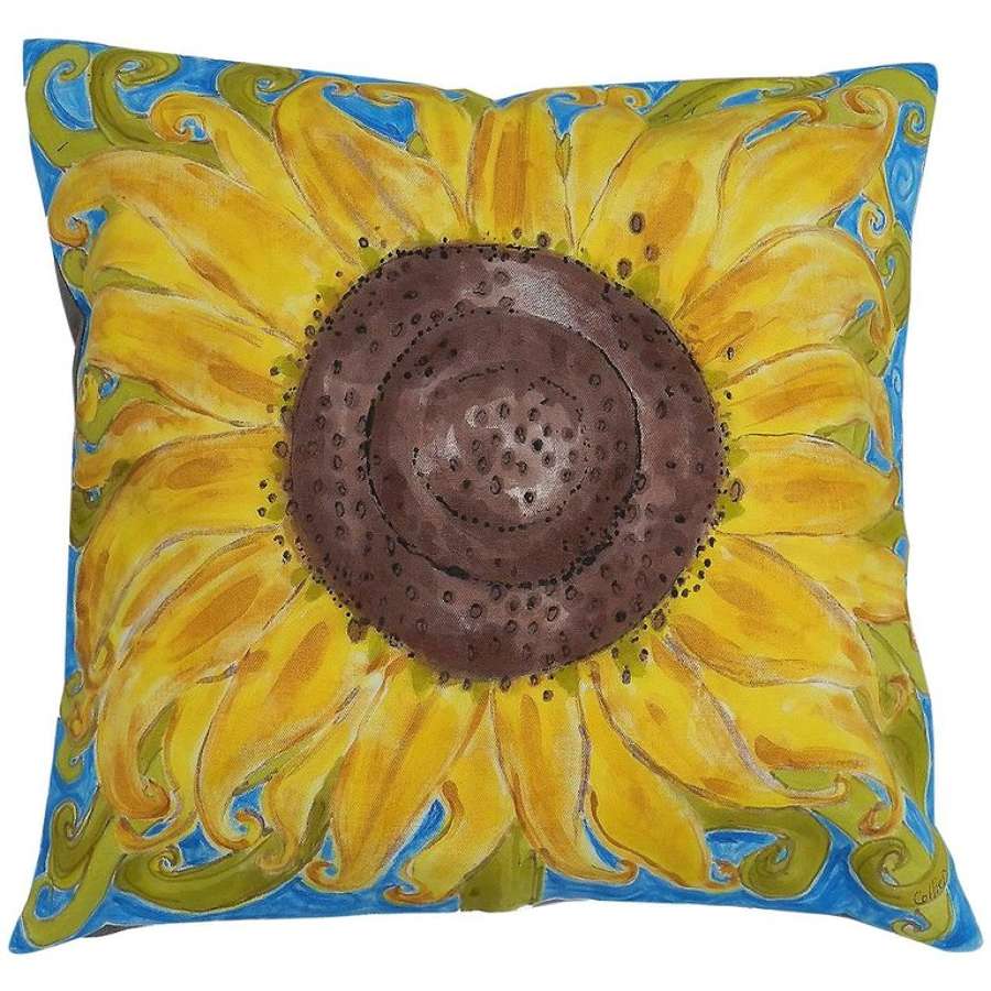 One of a Kind Pillow Hand-Painted Sunflower Unique Throw Cushion Artist Signed 