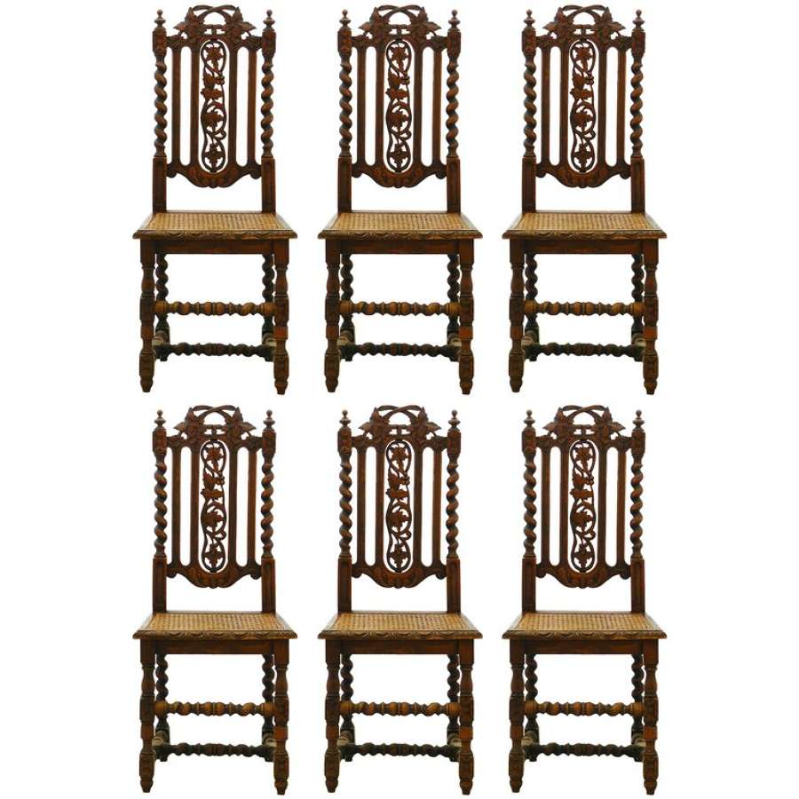 Six Dining Chairs French 19th Century Louis XIII Carved Oak Carolean Caned Seats