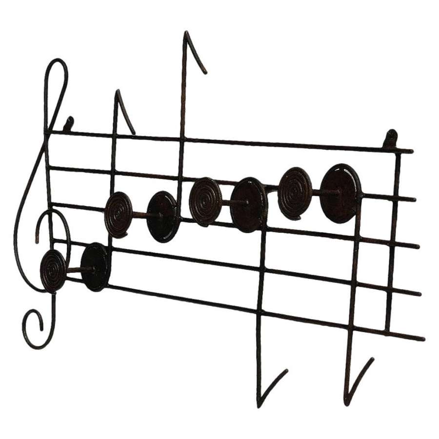 Midcentury Coat and Hat Rack Musical Notes Iron Wall Mount