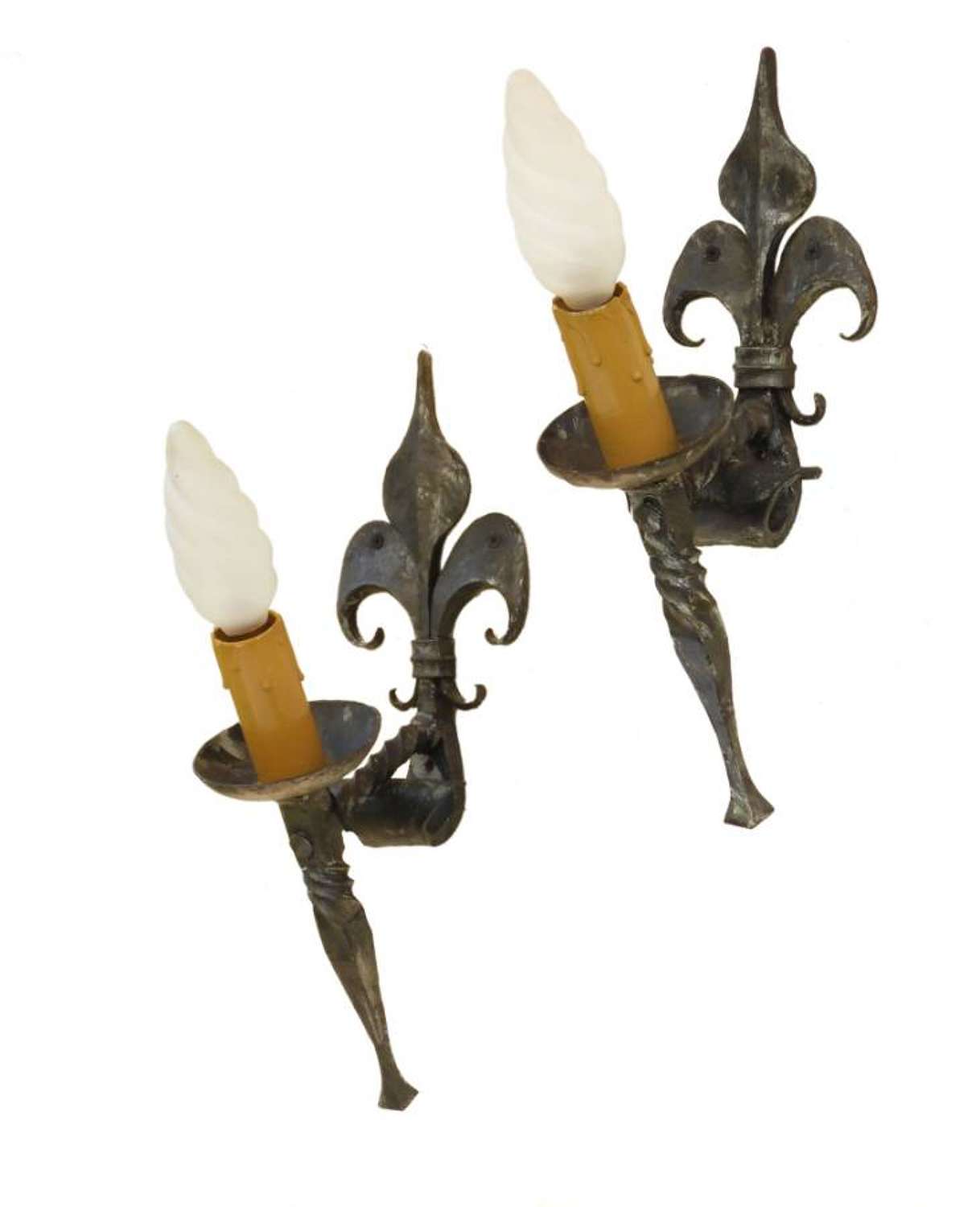 Pair of Arts & Crafts Wall Lights Gothic Revival Iron Torchere French Artisan Fleur de Lys