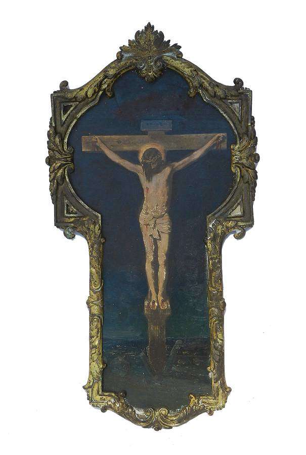 French Painting of Crucifixion Oil on Board Jesus on the Cross c1890-1910