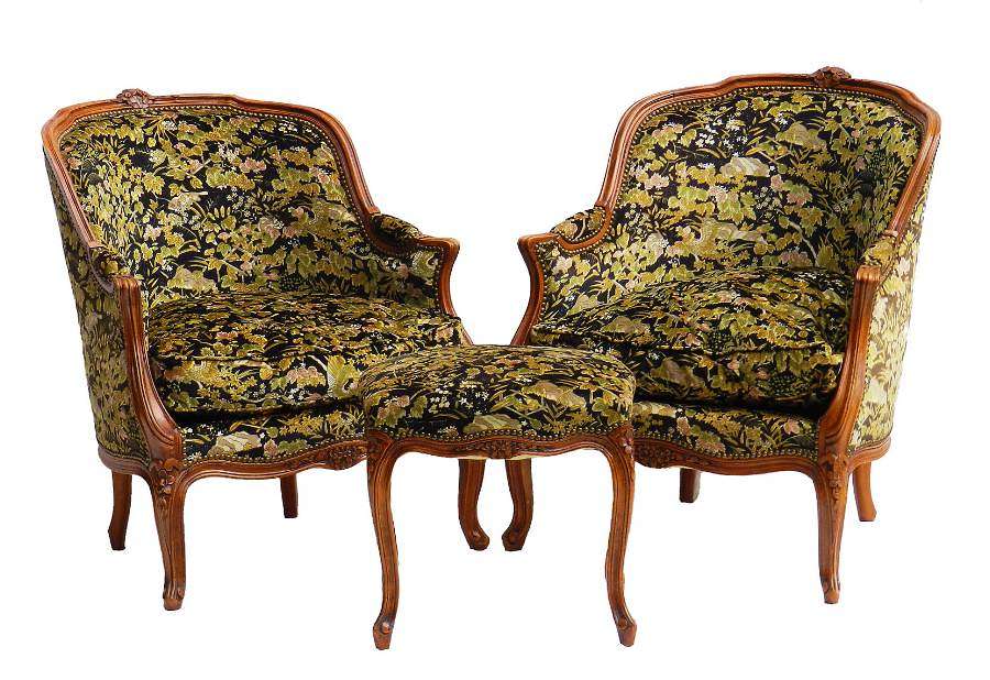 Pair Louis style Armchairs & Stool Ottoman