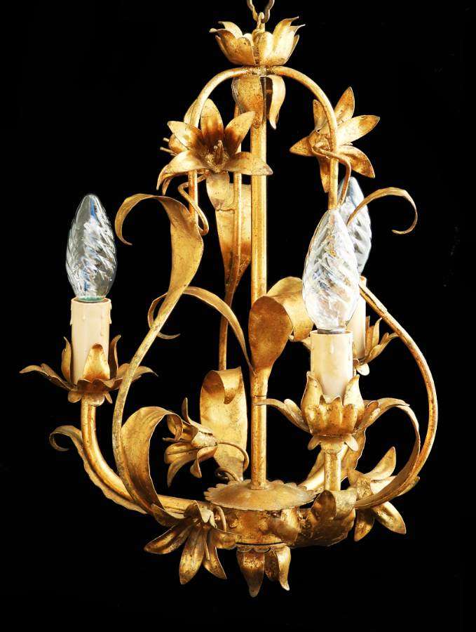 Mid Century Chandelier Gold Tole c1950 French Toleware Cage Light
