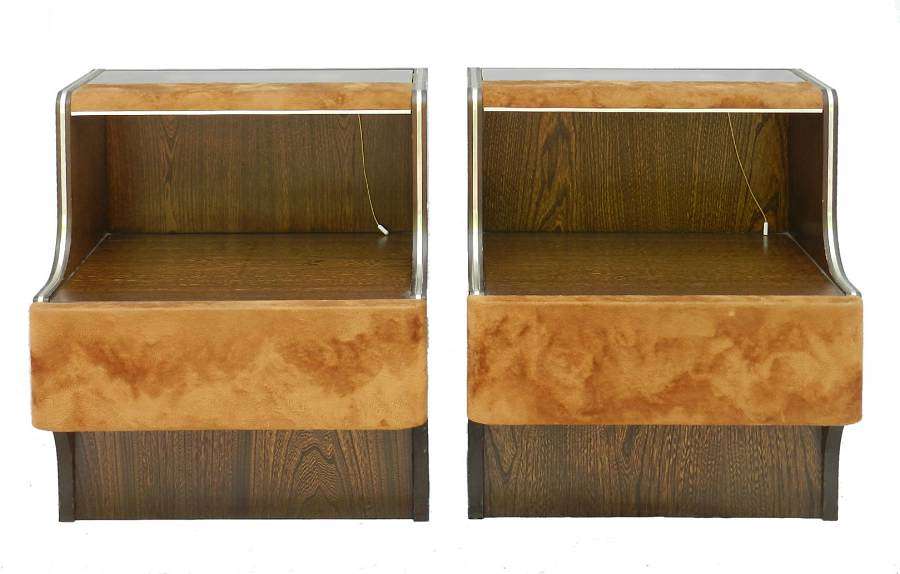Pair Mid-Century Nightstands Side Cabinets Bedside Tables with Lights Suede
