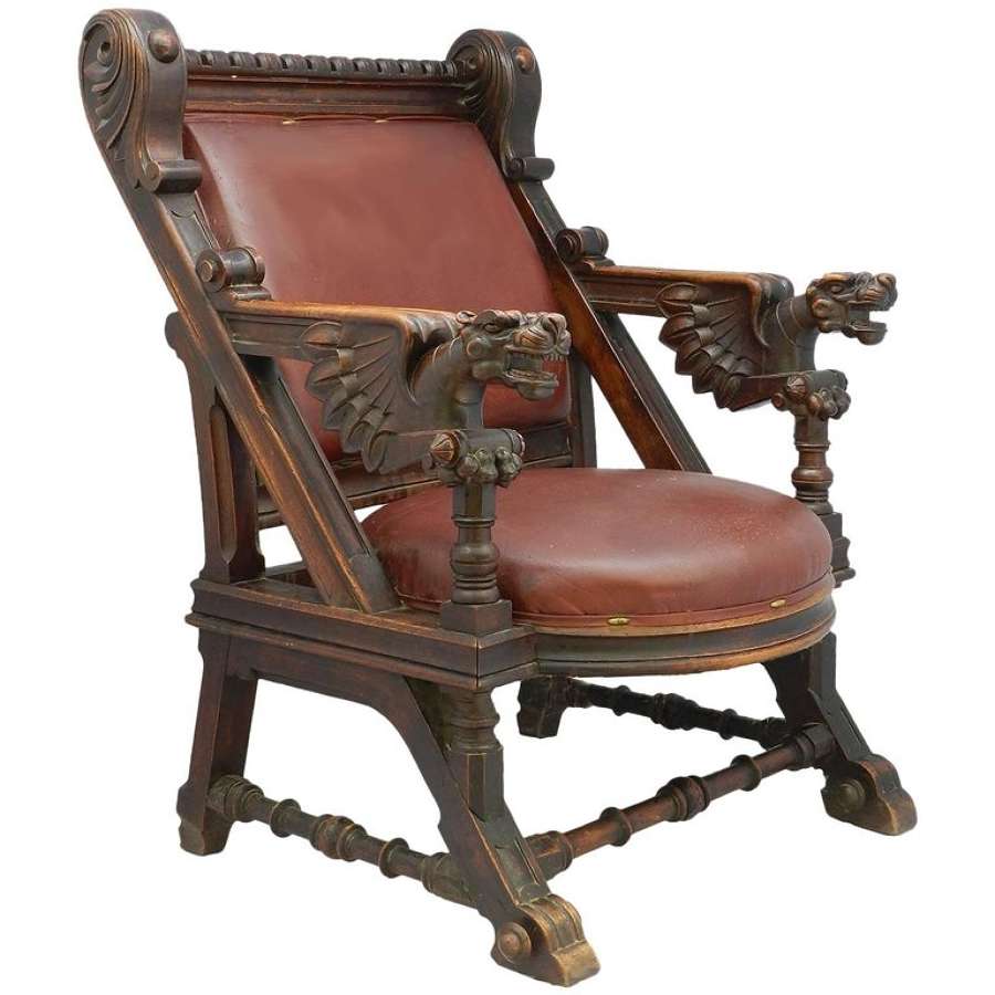 Throne Desk Chair 19th Century Renaissance Carved Dragons Spanish Leather
