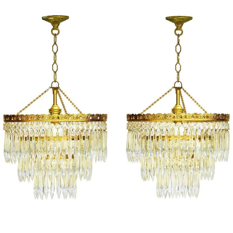Pair of Drop Chandeliers Three-Tier Crown Lights Cut Glass and Brass