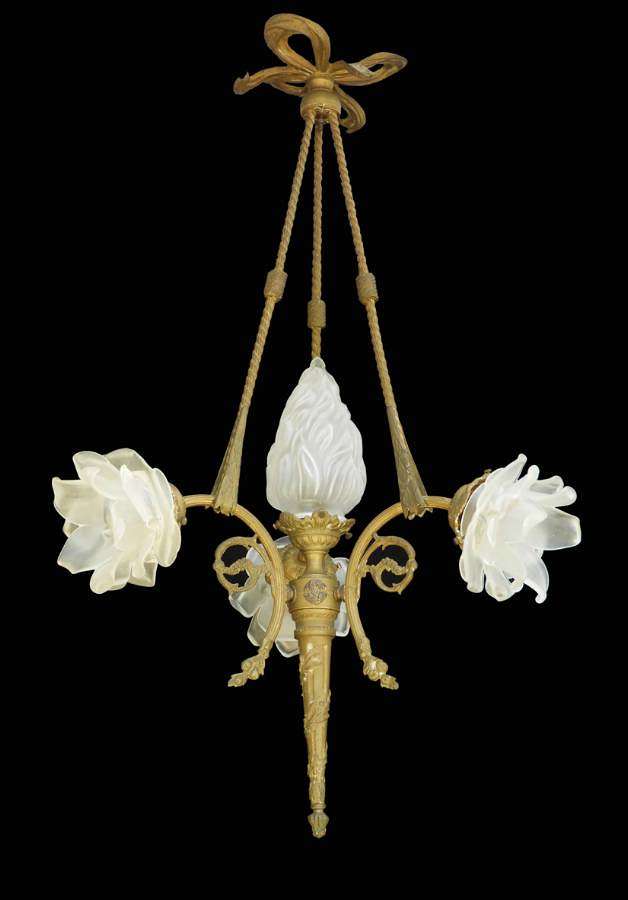 Art Nouveau Chandelier Flame and Floral Glass Belle Epoque