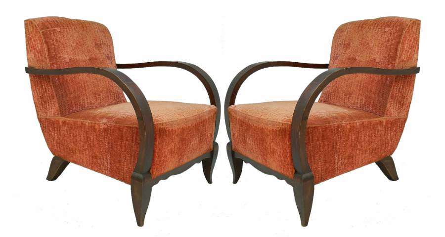 Pair Art Deco Armchairs Open French Club Chairs