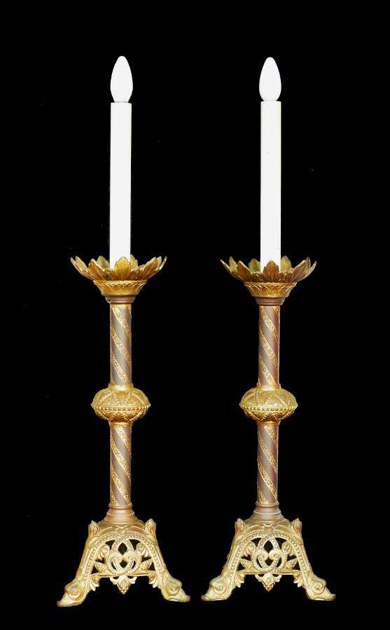 Pair of Candlestick Lamps Bronze French Church Gothic Revival c1850