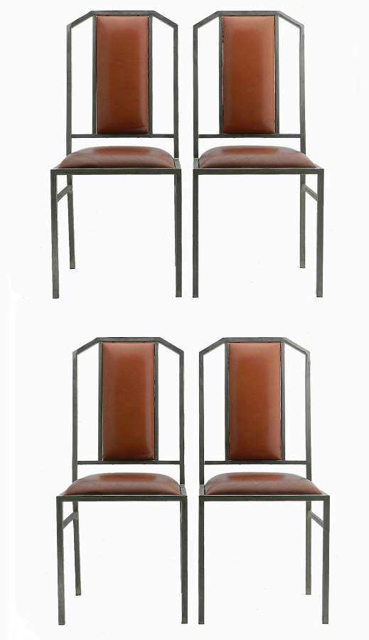 Four Maison Jansen Dining Chairs Leather Brushed Metal French c 1970