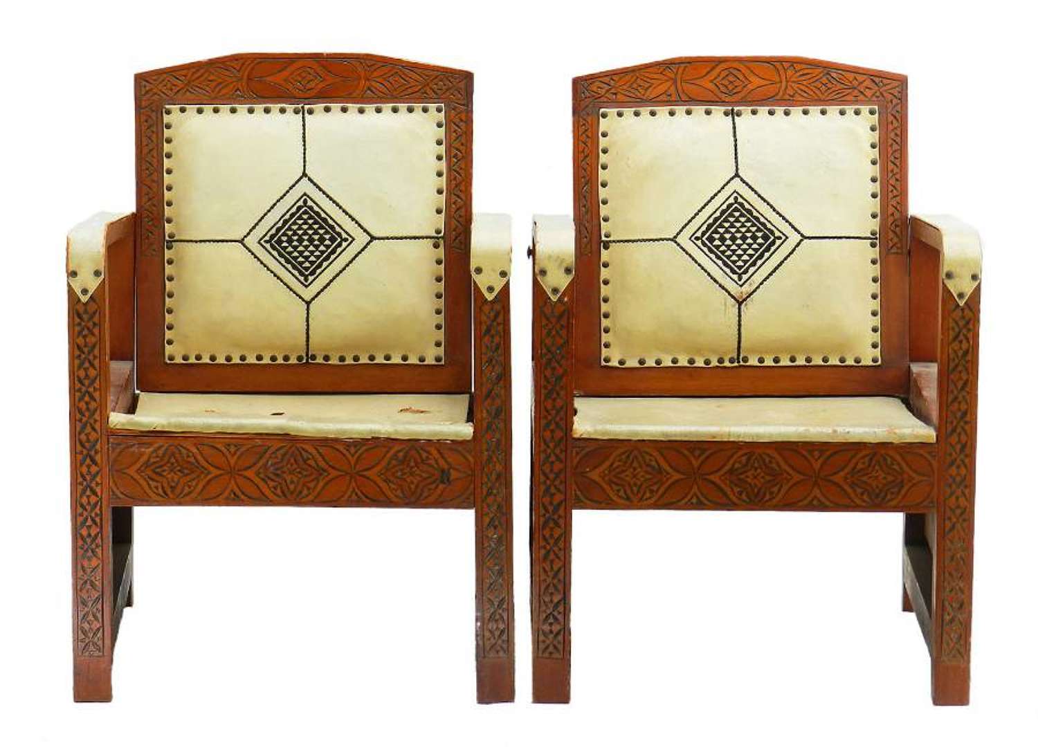 Pair Art Deco Armchairs Moorish Leather Rare Campaign Chairs