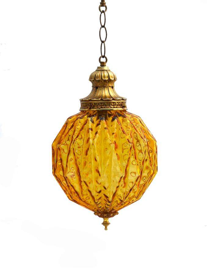 Mid-Century Globe Pendant Light Amber Glass Moorish