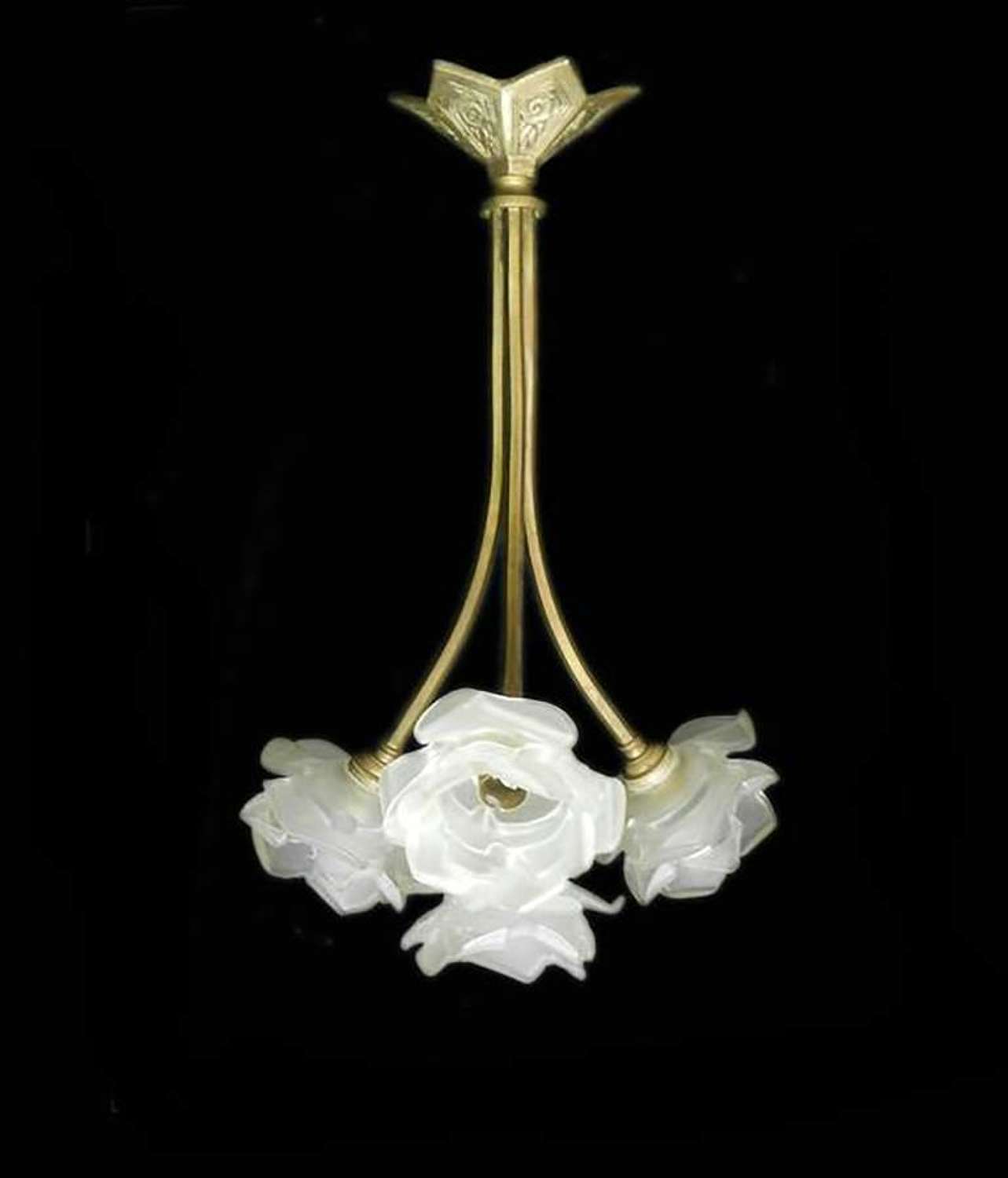 French Art Nouveau Art Deco Chandelier Gilt Bronze and Glass Rose
