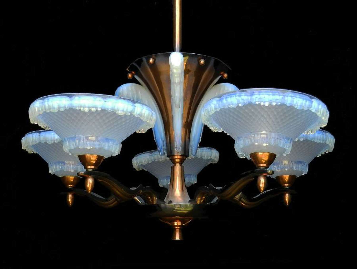 Art Deco Chandelier by Ezan and Petitot French Opalescent Glass + Copper 1930