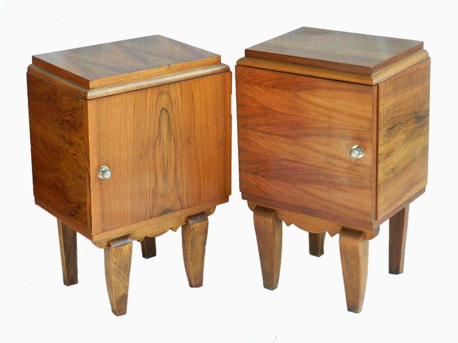 Two Art Deco Mid-Century Side Cabinets Pair of Nightstands Bedside Tables Walnut
