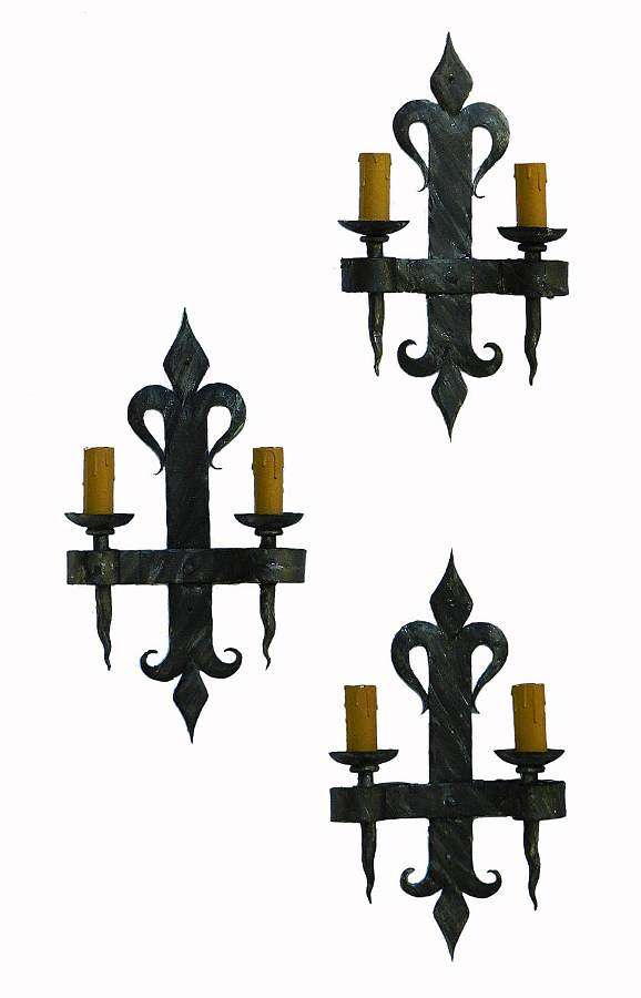 3 Arts & Crafts Wall Lights Sconces Wrought Iron French Artisan made Fleur de Lys