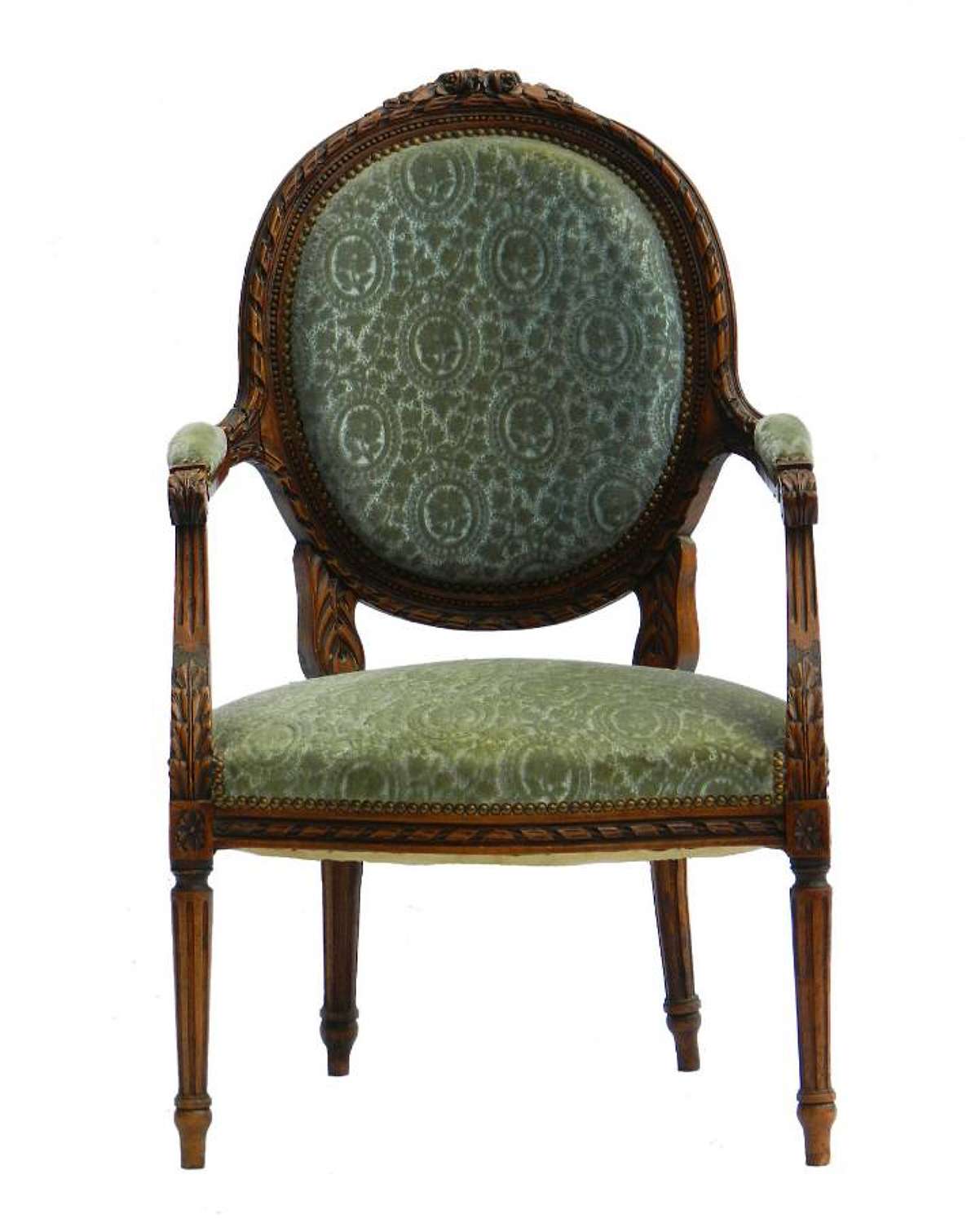 19th Century French Open Armchair Medallion Carved Walnut Louis