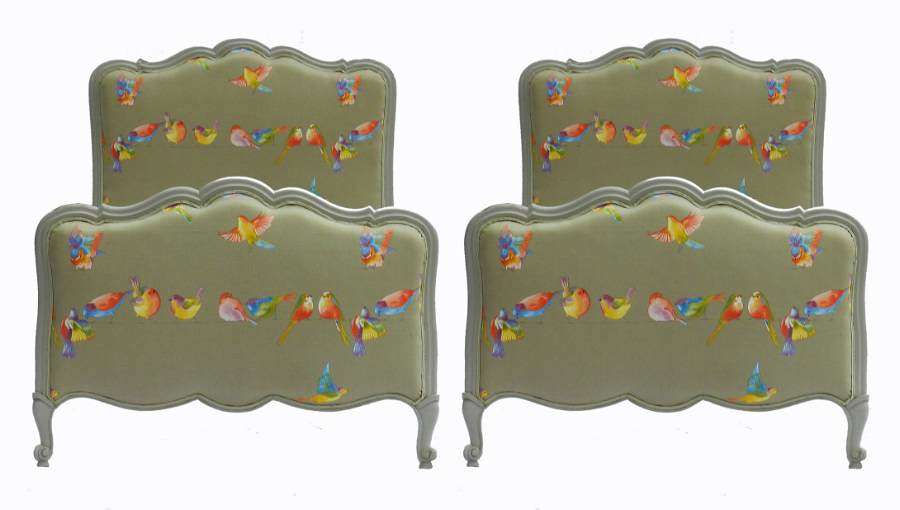 Early 20th Century Pair of French Twin Beds + Bases Single Upholstered Louis 