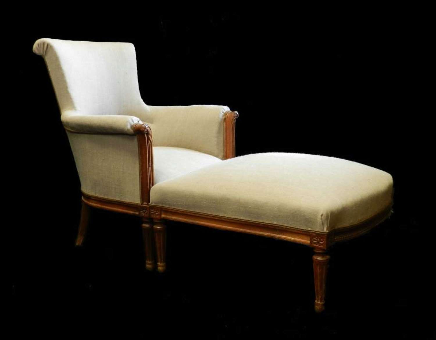C19 French Duchesse Brisee Armchair + Ottoman Stool Chaise Longue Linen