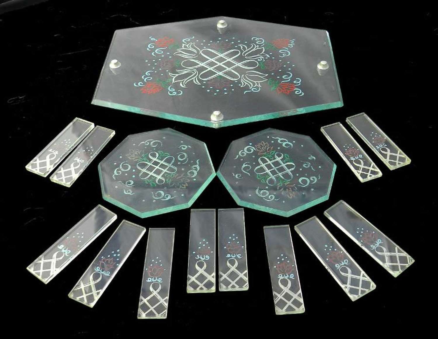 Art Deco Cake Stand Coasters + 12 Knife Rests original painted glass
