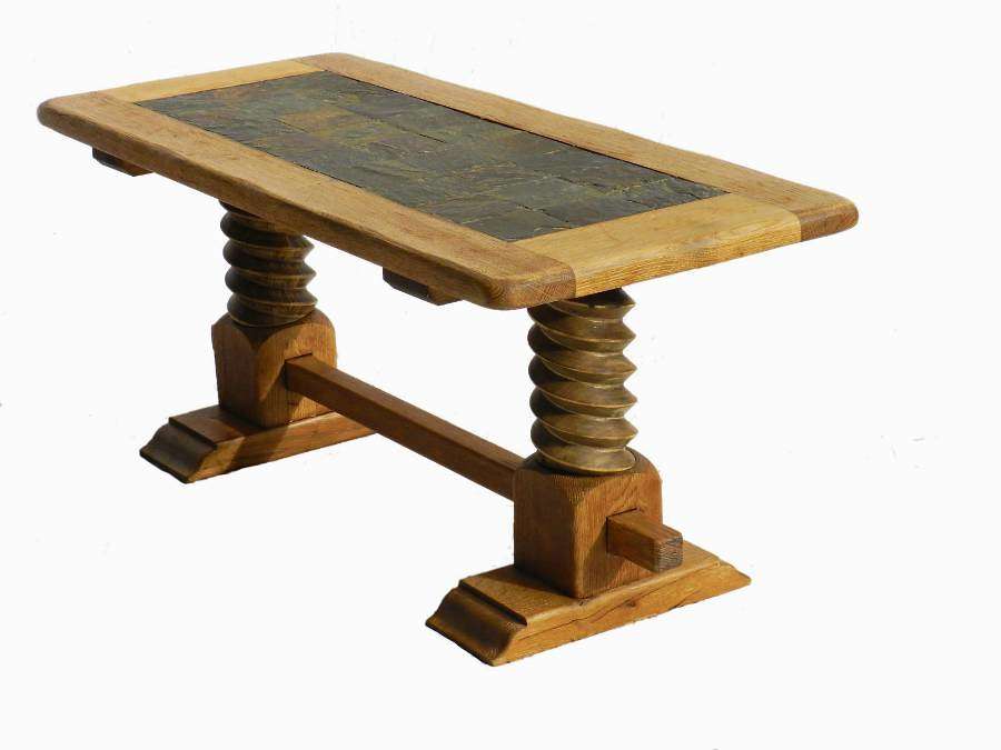 French Refectory Coffee Table Stone Tiles & Wine Press Base Bleached Oak 