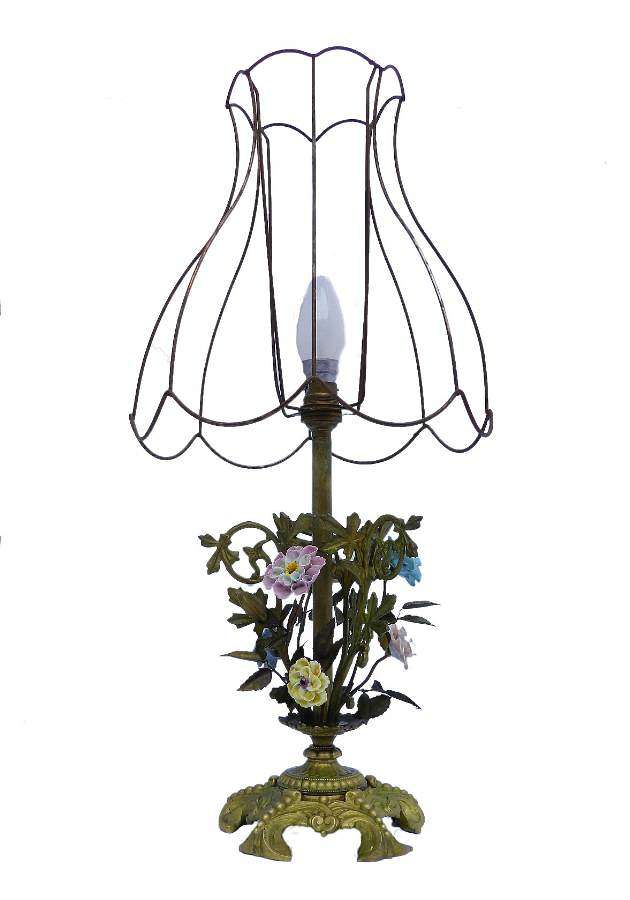 French Table Lamp Floral Porcelain & Brass