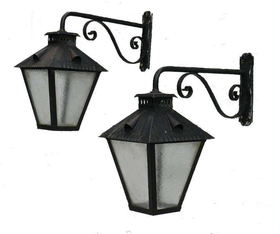 Large Pair of Exterior Wall Lights Wrought Iron & Glass Lanterns