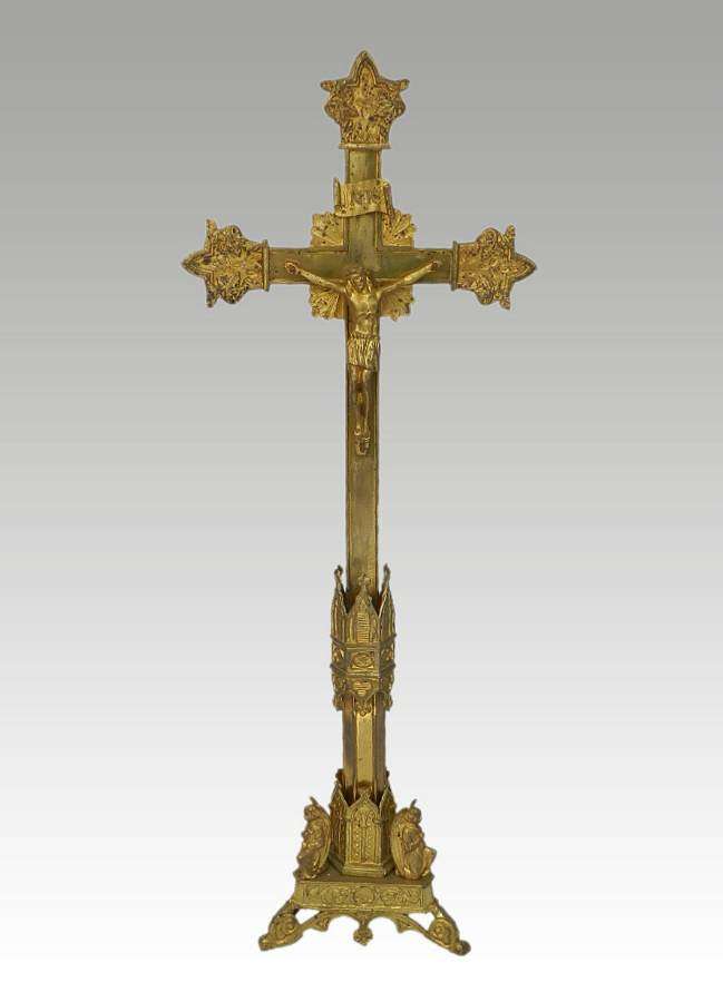C19 French Crucifix Gothic revival Ormolu Bronze Church Cross