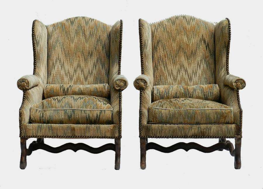 Pair French Wing Chairs Os de Mouton Armchairs