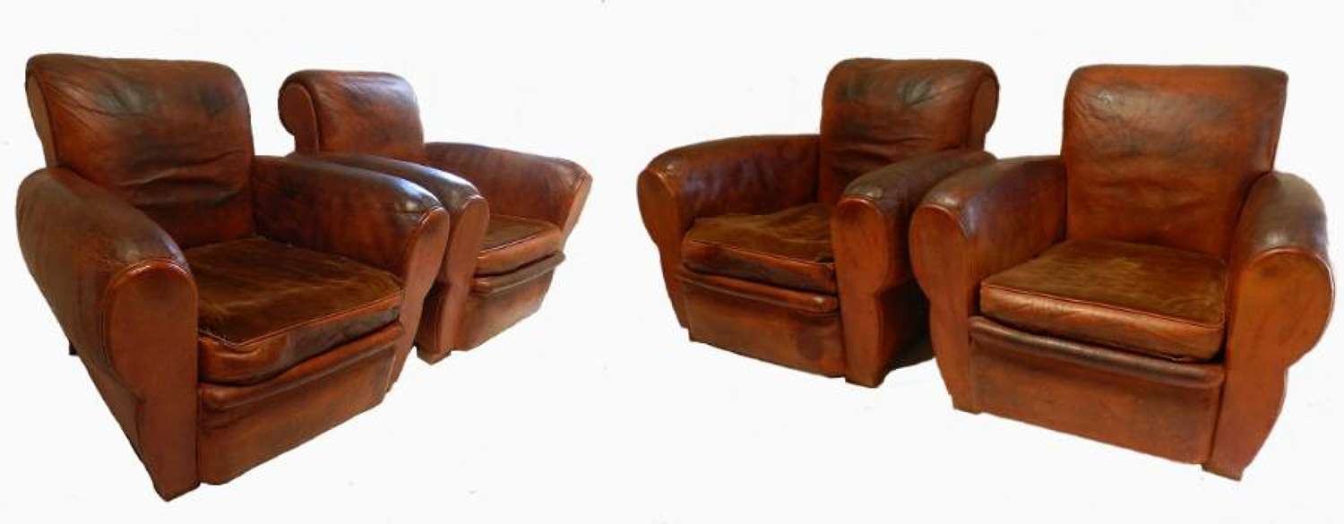 Rare Set 4 French Leather Club Chairs Mid Century Armchairs 