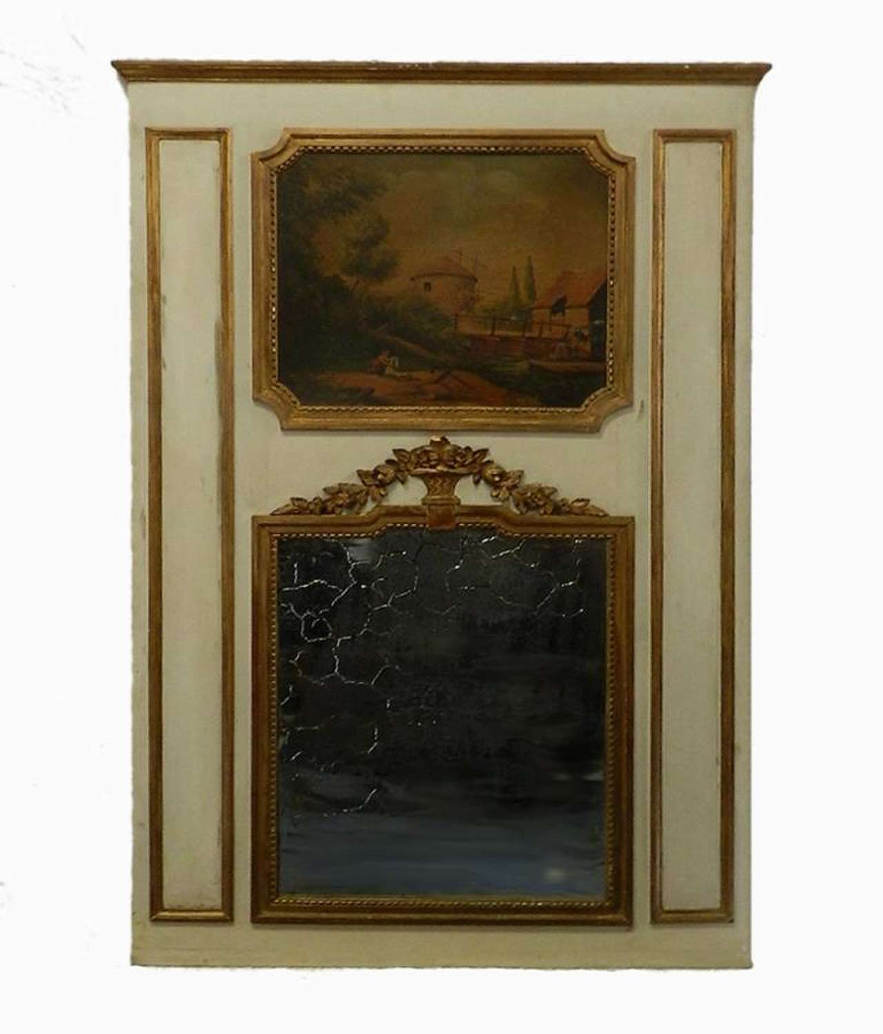 19th Century French Trumeau Mirror & Painting Giltwood overmantle over