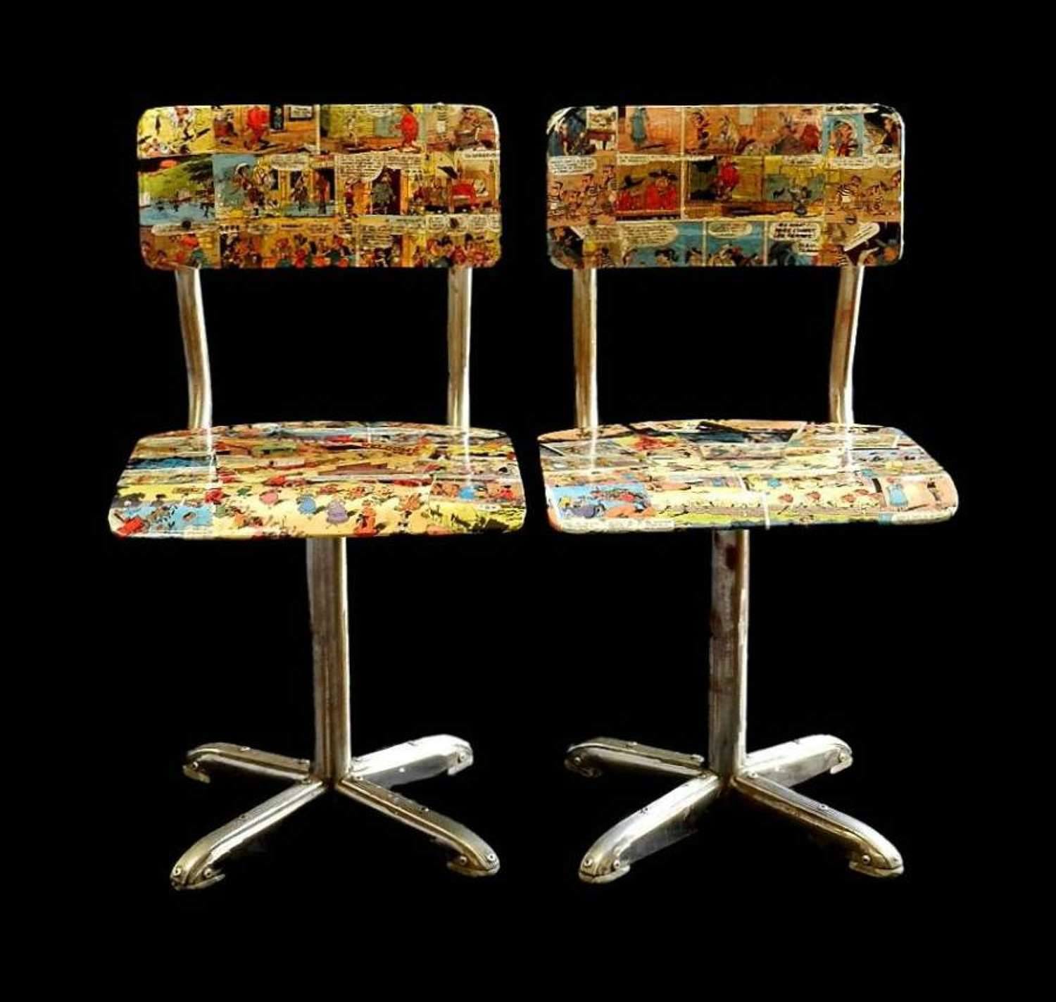 1950s Pair Mid Century Child Chairs Bentwood Comic Collage Decor Cowbo