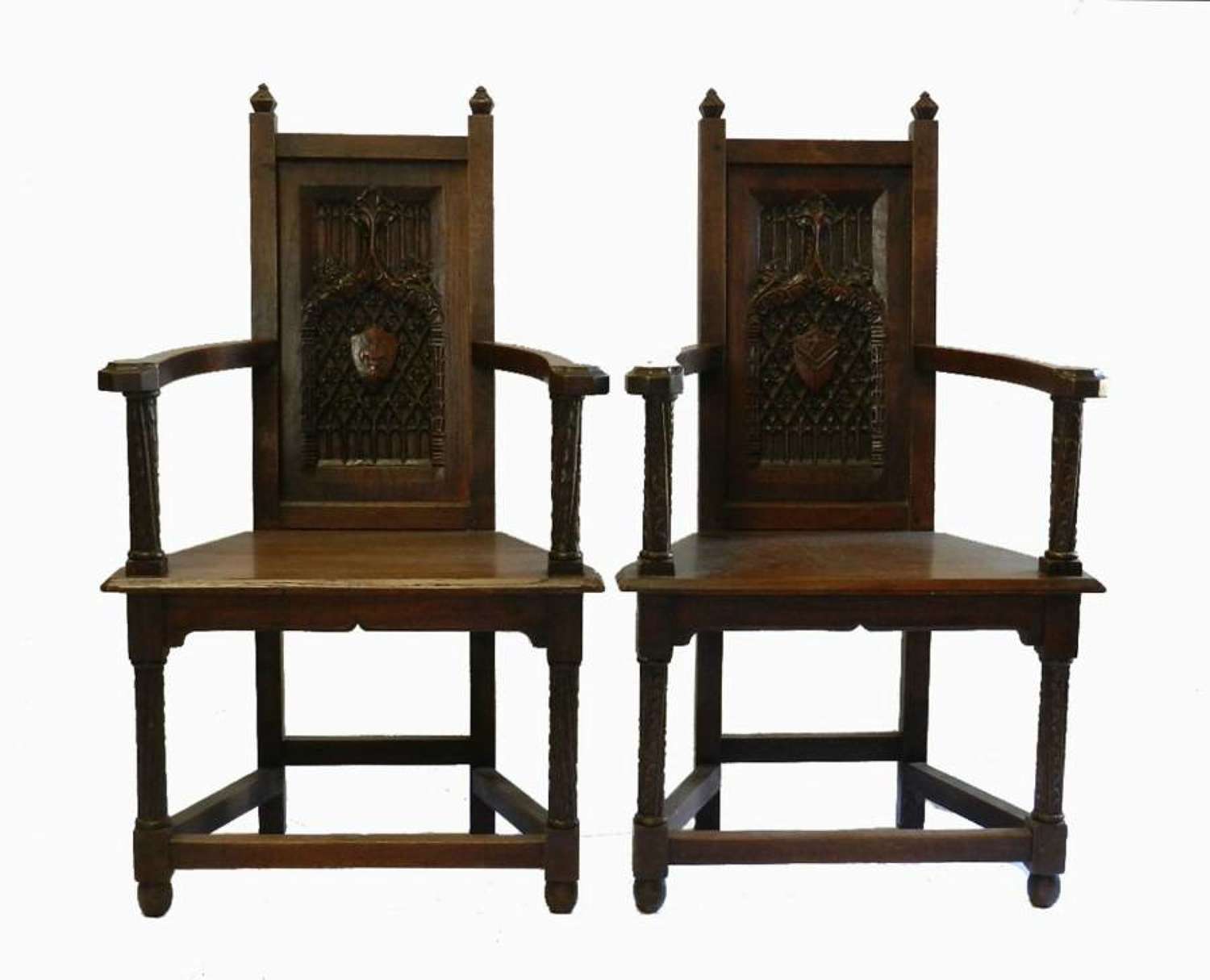 Rare Pair of French C19 Gothic Armchairs
